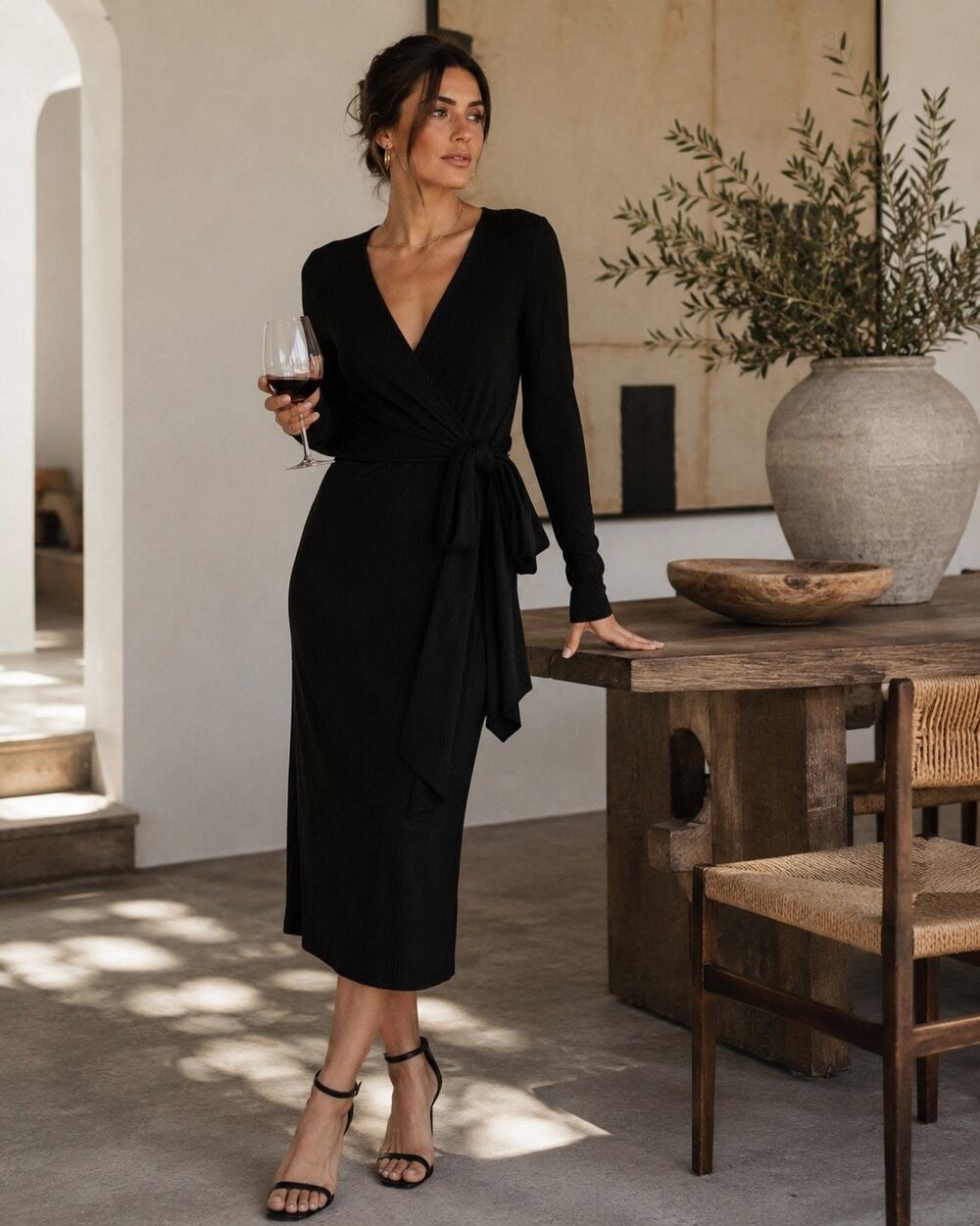 Rag & Bone Rib Knit Wrap Tie Midi Dress Black Small